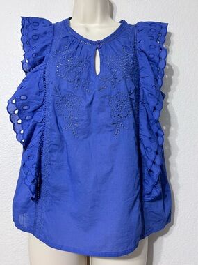 Calypso St. Barth Cotton Feminine Ruffle Sleeve Royal Blue Eyelet Blouse S